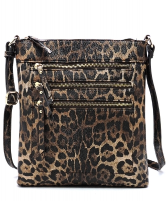 Leopard Multi Zipper Crossbody Bag LE093 BROWN